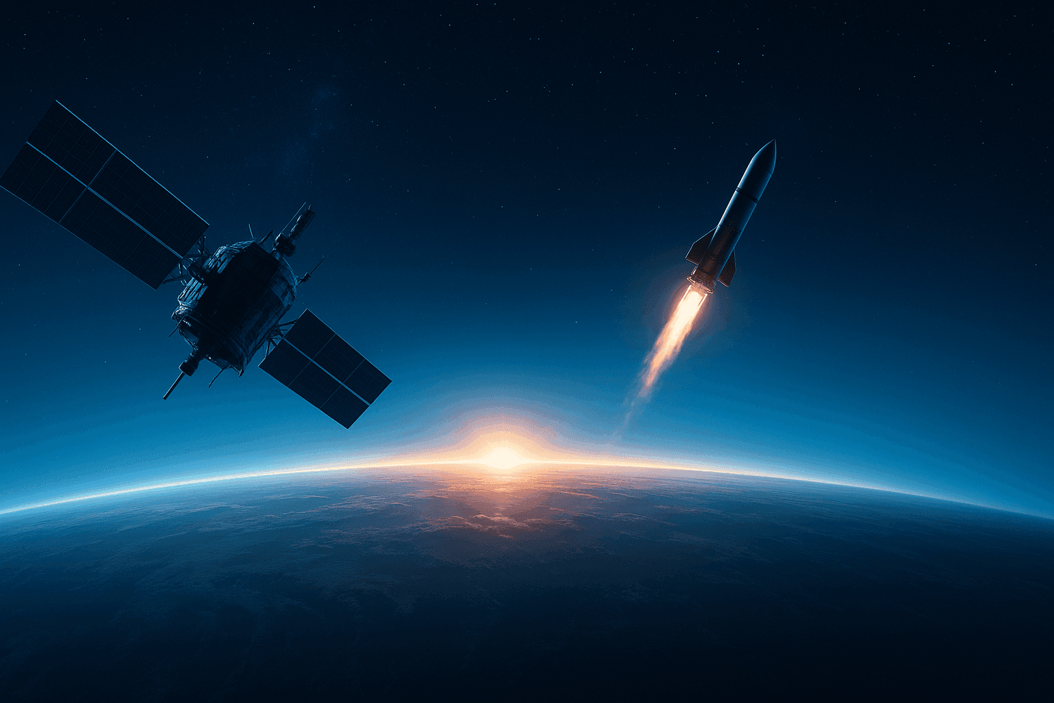 A satellite and rocket above the curved limb of Earth at sunrise